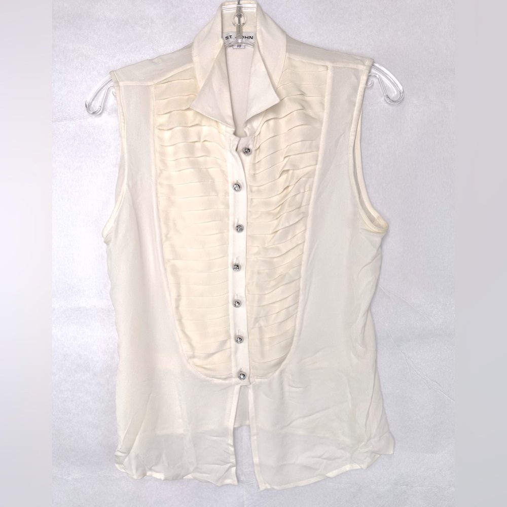 St John Women Size 10 Off White Silk Georgette Sleeveless Blouse Pleats